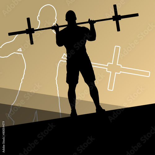 Men crossfit weight lifting sport silhouettes abstract backgroun