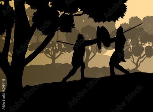 Medieval warrior, crusader vector background landscape concept
