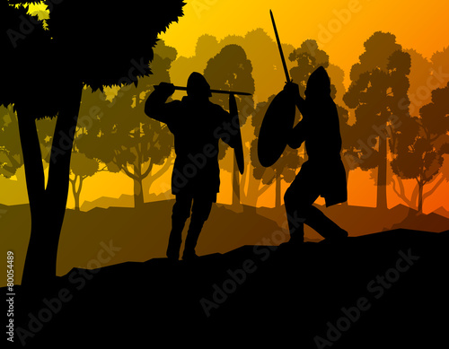 Medieval warrior, crusader vector background landscape concept