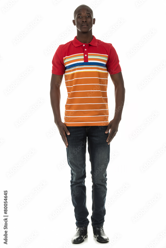 Fototapeta premium Black man in stripped short sleeve collar shirt on white