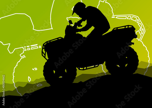 All terrain vehicle quad motorbike riders in wild nature abstrac