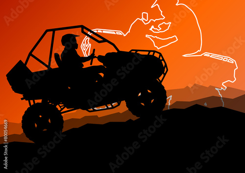All terrain vehicle quad motorbike riders in wild nature abstrac