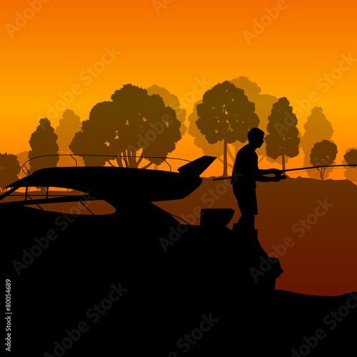 Man fishing on lake from boat vector background landscape