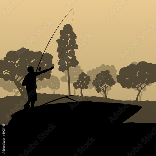 Man fishing on lake from boat vector background landscape