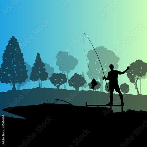Man fishing on lake from boat vector background landscape