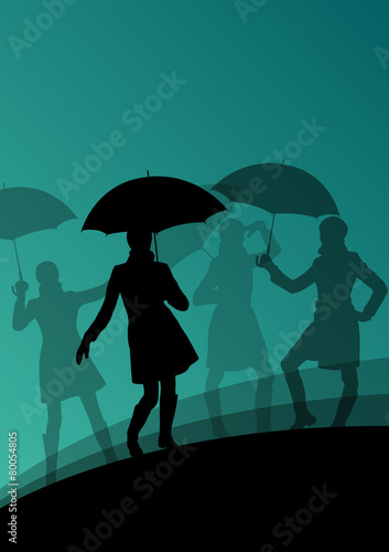 Women umbrella and raincoat silhouettes abstract seasonal outdoo