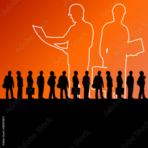 Men engineers miners and construction workers in helmets work li