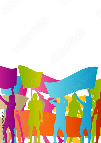 Protesters angry people crowd with posters and flags in abstract