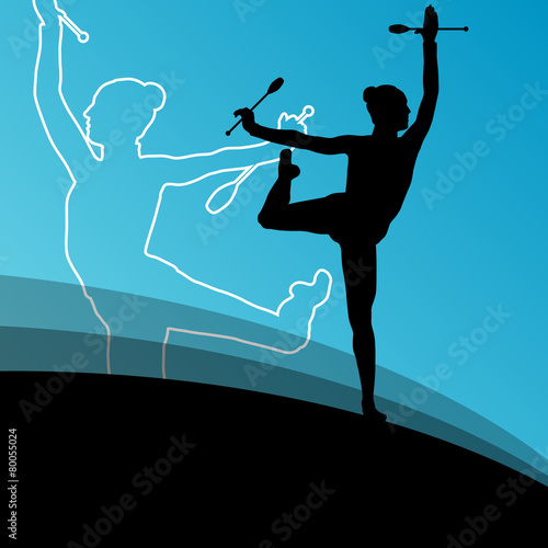 Active young women calisthenics sport gymnasts silhouettes with