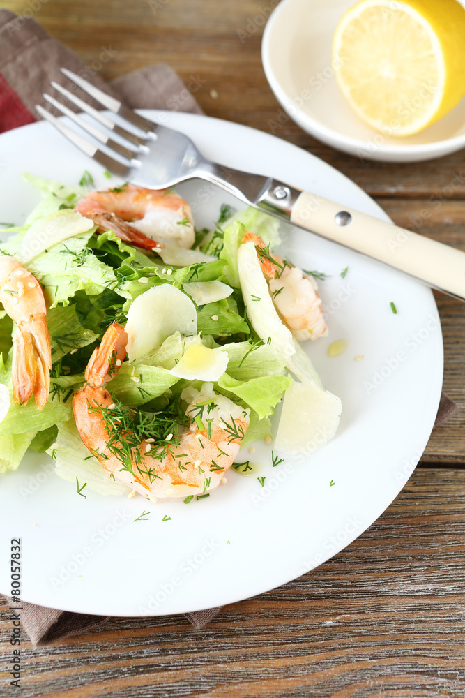Delicious salad with shrimps, lettuce and cheese Delicious salad with shrimps, lettuce and cheese