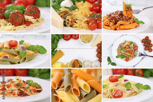 Collage mit Zutaten für ein Spaghetti Pasta Nudel Gericht mit T