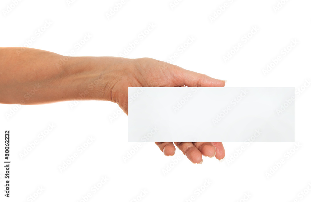 Hand holding white paper, cardboard Hand holding white paper, cardboard