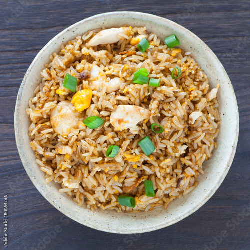 Healthy food fried rice chicken with egg and green onion