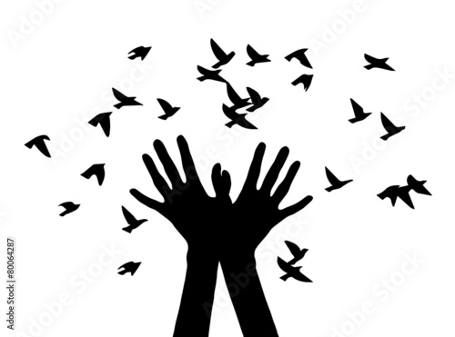 silhouettes of hands, letting the birds