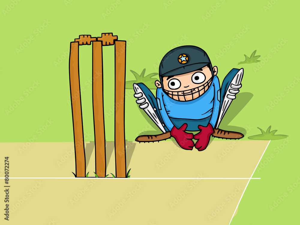 Cartoon of wicket keeper sitting behind stumps for Cricket. Stock Vector | Adobe Stock Cartoon of wicket keeper sitting behind stumps for Cricket. Stock Vector | Adobe Stock