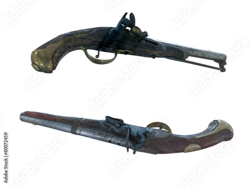 18th Century antique flintlock pistols isolated over white