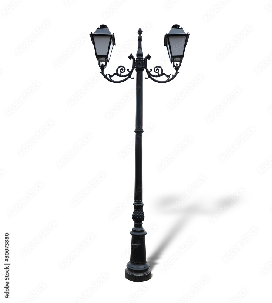 Street lamppost with two lamps with shadow isolated on white