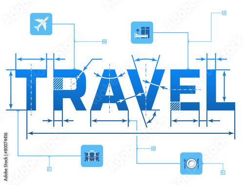 Word TRAVEL with dimension lines. Element of blueprint drawing