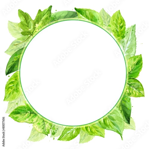 round frame made of various leaves in watercolor. 