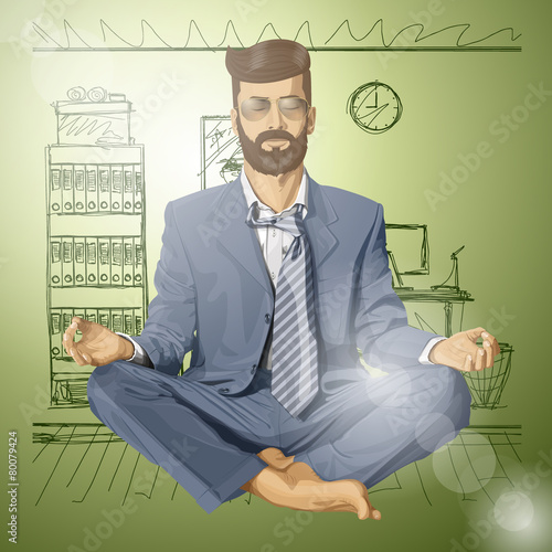 Vector Hipster Businessman in Lotus Pose Meditating