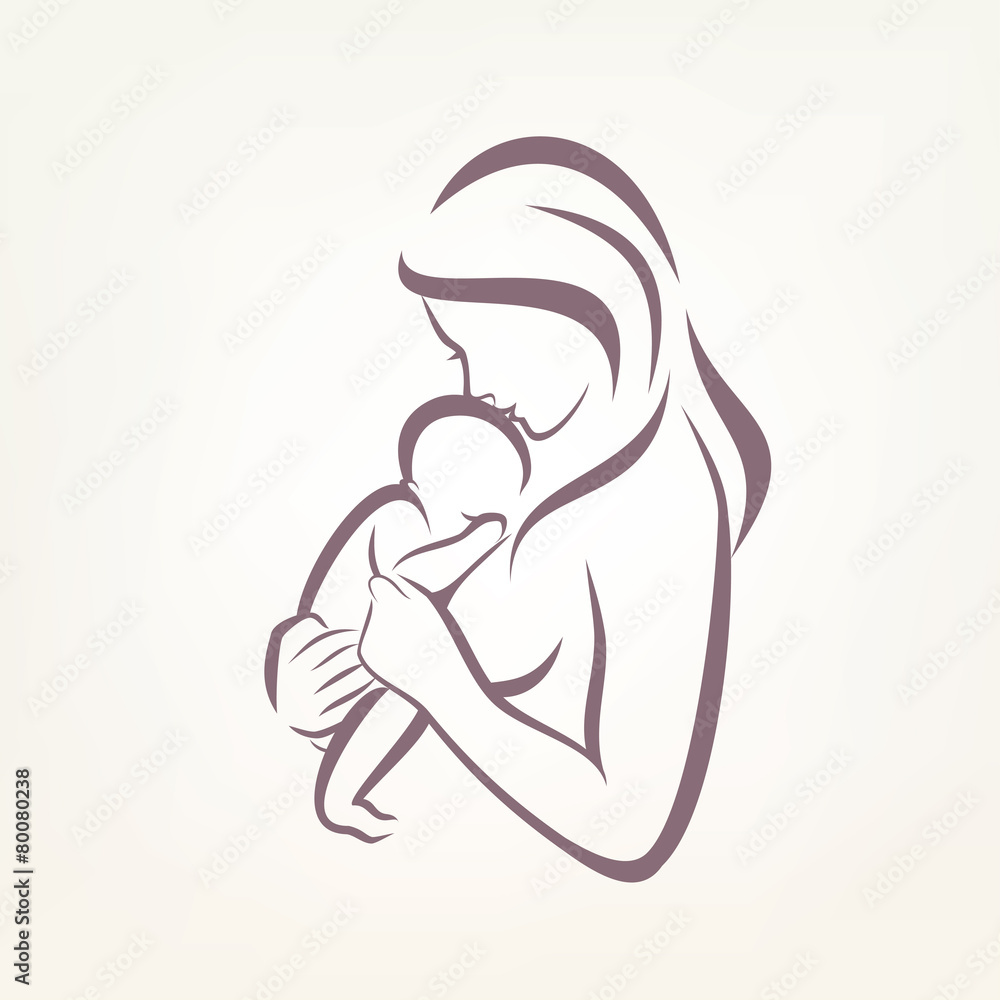mom and baby stylized vector symbol, outlined sketch mom and baby stylized vector symbol, outlined sketch