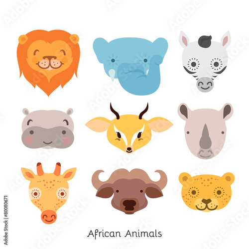 Cute African animal portrait flat icons set