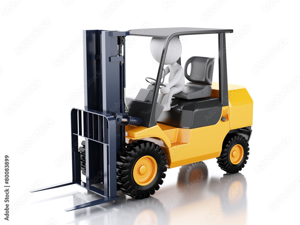 3d white people driving a forklift truck.