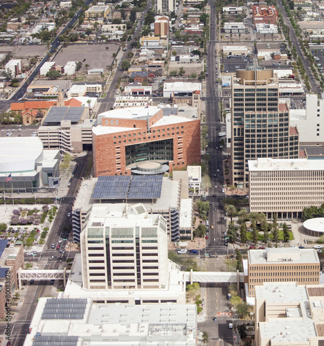 low aerial view of city of Phoenix, Arizona