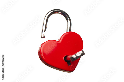 heart shaped opened lock, isolated on white