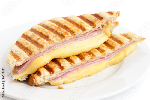 Toasted ham and cheese panini sandwich.