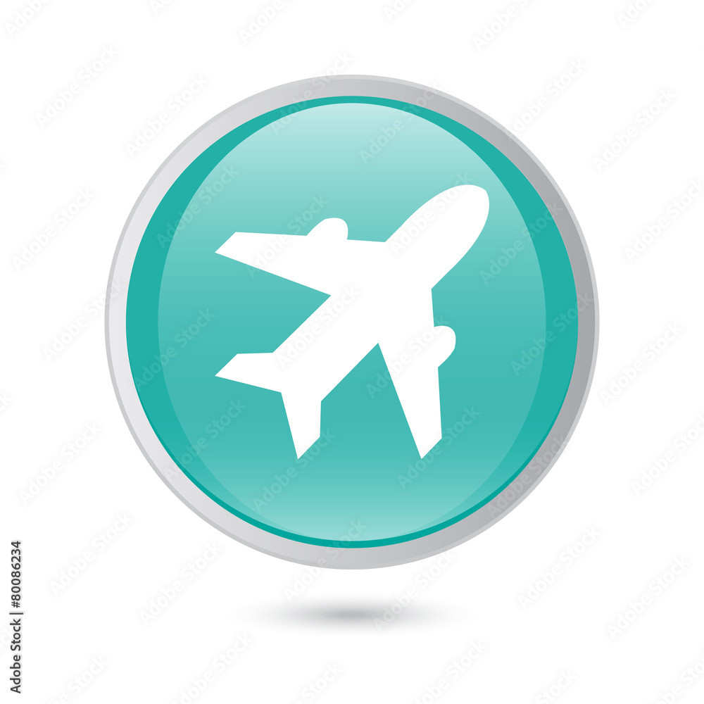 Airplane sign. Plane symbol. Travel icon.   blue glossy button