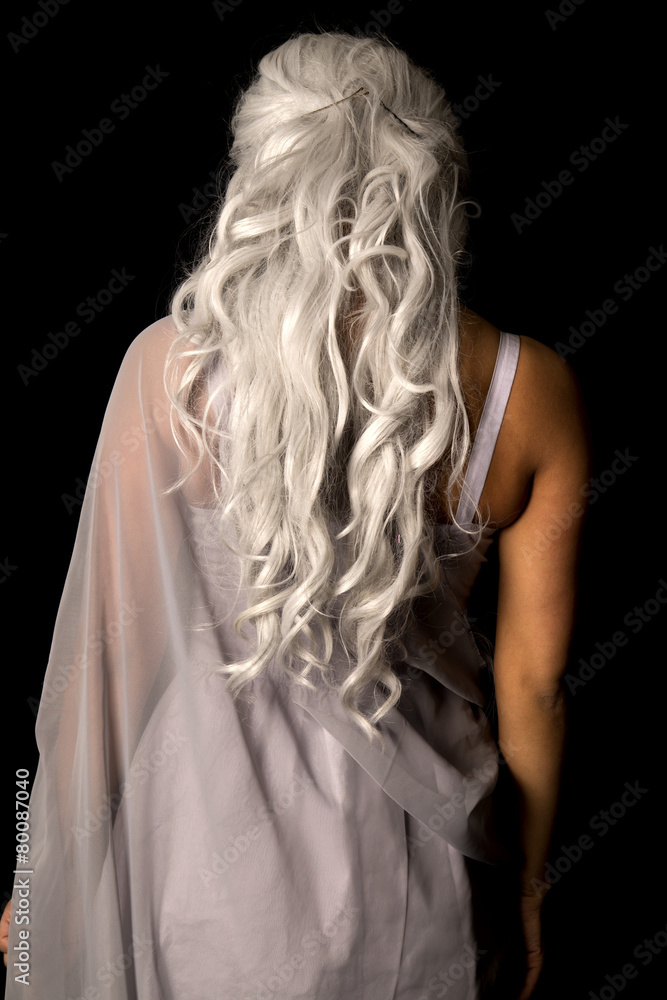 woman gray hair from back stand on black woman gray hair from back stand on black