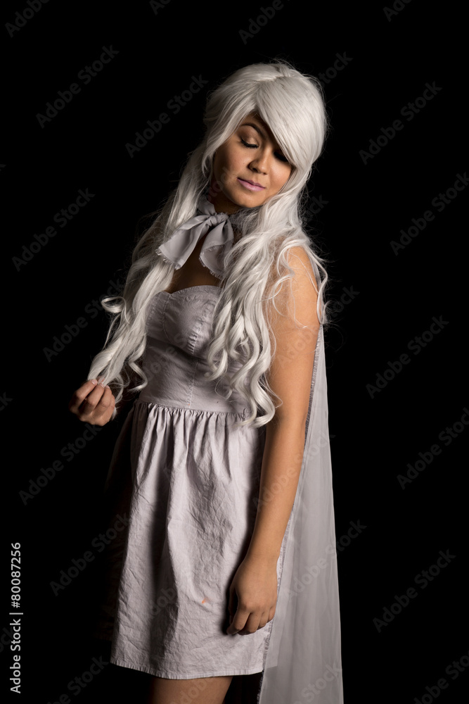 woman with gray hair stand on black eyes closed woman with gray hair stand on black eyes closed