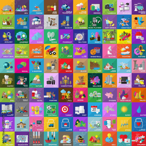 Flat Icons Set: Vector Illustration, Graphic Design. Collection Of Colorful Icons. For Web, Websites, Print, Presentation Templates, Promotional, Mobile Applications And Promotional Materials