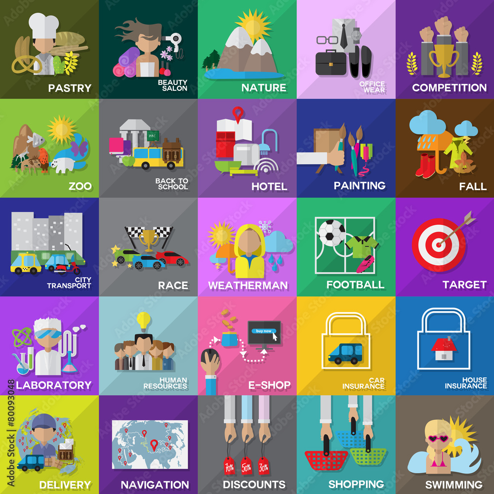 Flat Icons Set: Vector Illustration, Graphic Design. Collection Of Colorful Icons. For Web, Websites, Print, Presentation Templates, Promotional, Mobile Applications And Promotional Materials Flat Icons Set: Vector Illustration, Graphic Design. Collection Of Colorful Icons. For Web, Websites, Print, Presentation Templates, Promotional, Mobile Applications And Promotional Materials