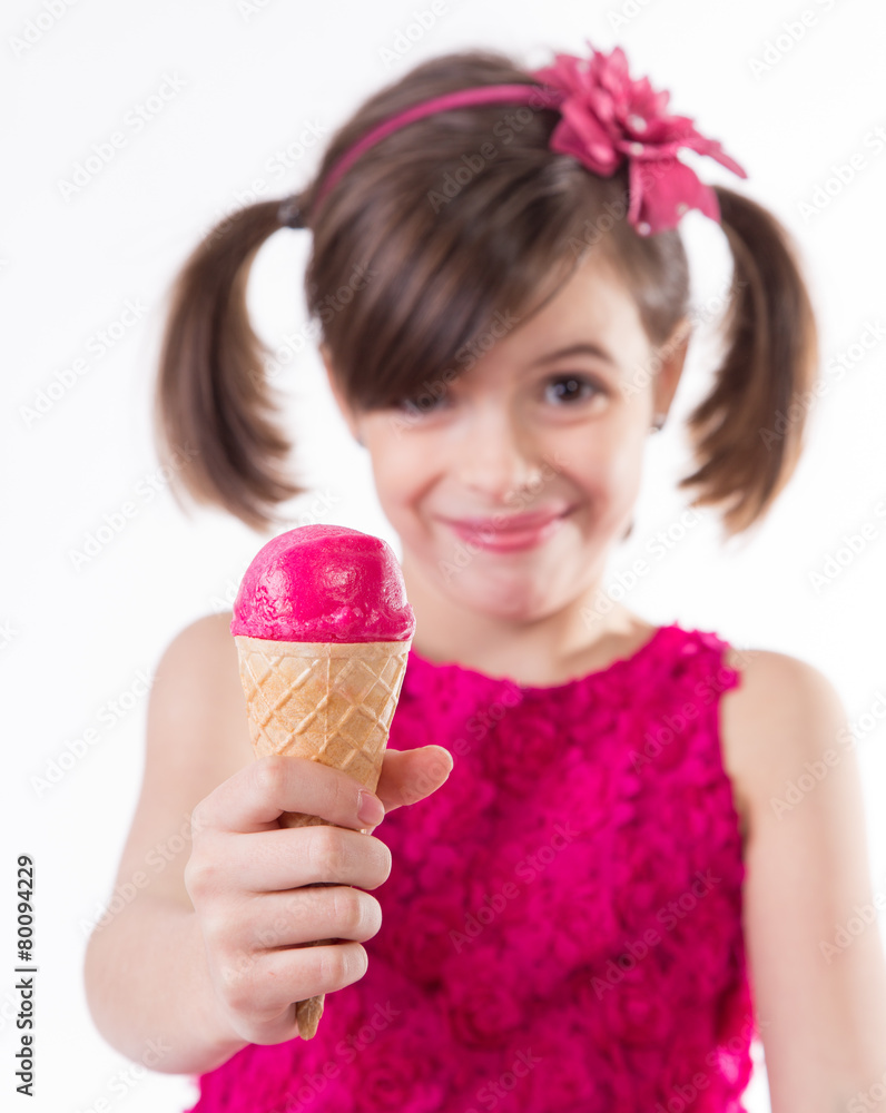 Little cute girl with ice cream over white