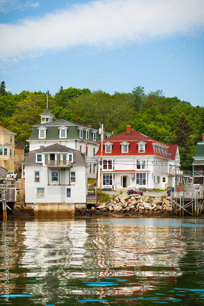 Scenic coastal fishing village Maine, USA. Viewed from the water