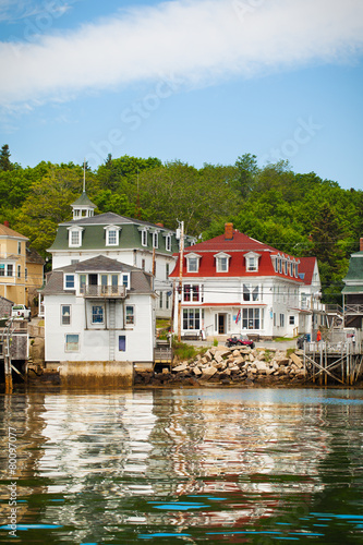 Scenic coastal fishing village Maine, USA. Viewed from the water