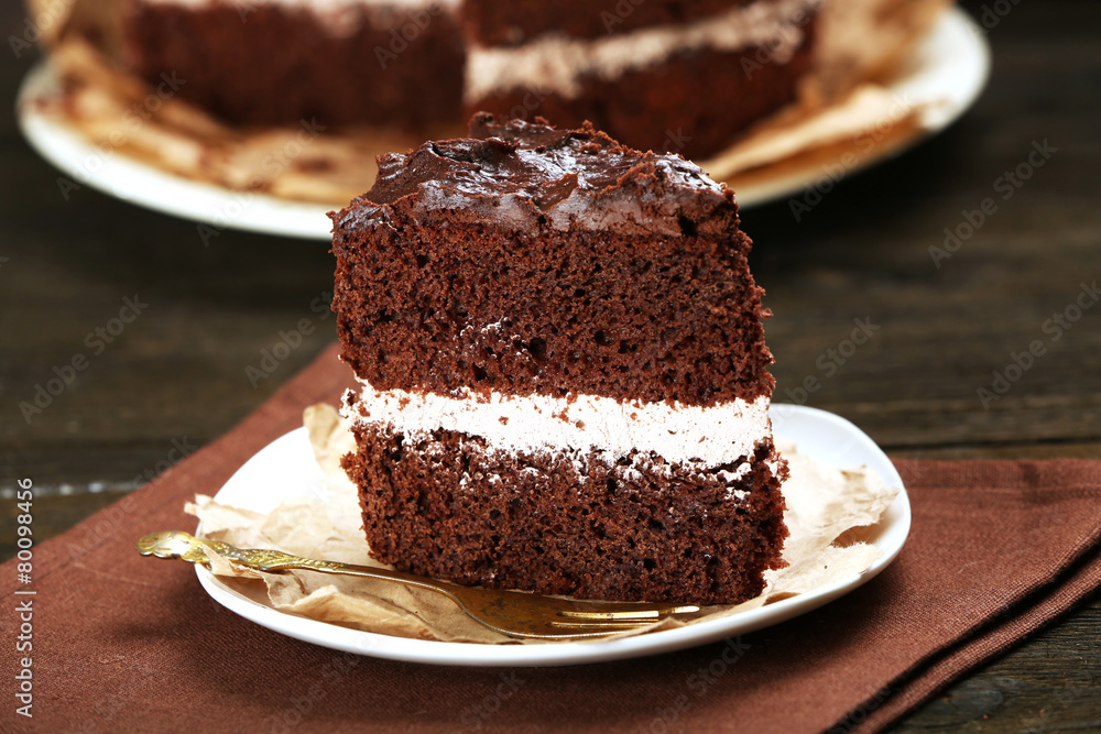 Delicious chocolate cake on table close-up Delicious chocolate cake on table close-up