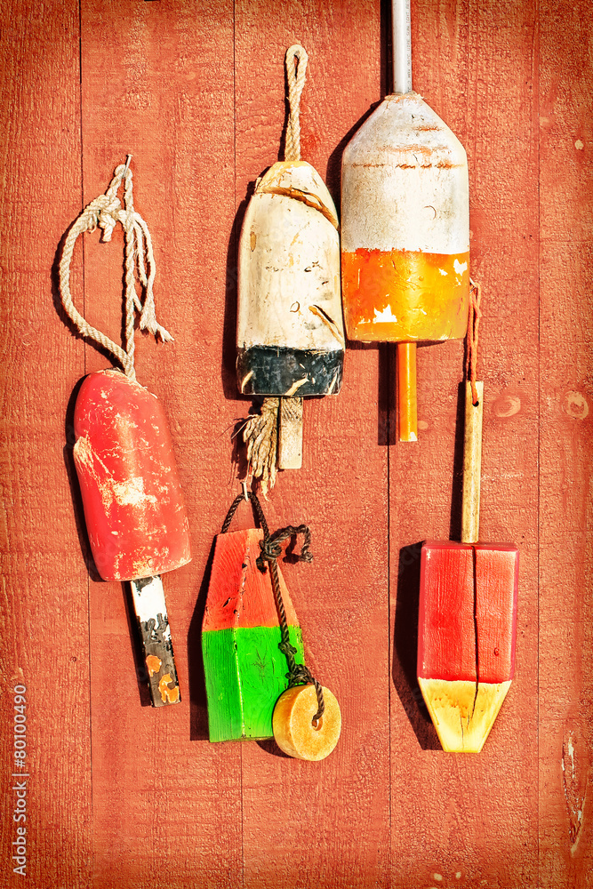 Vintage Lobster Buoys Hanging On A Faded Red Wood Wall, 44% OFF