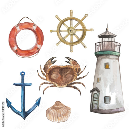 Set of nautical watercolor vector elements: