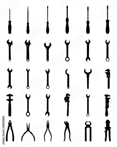 Black silhouettes of pliers, screw wrenches and screwdrivers