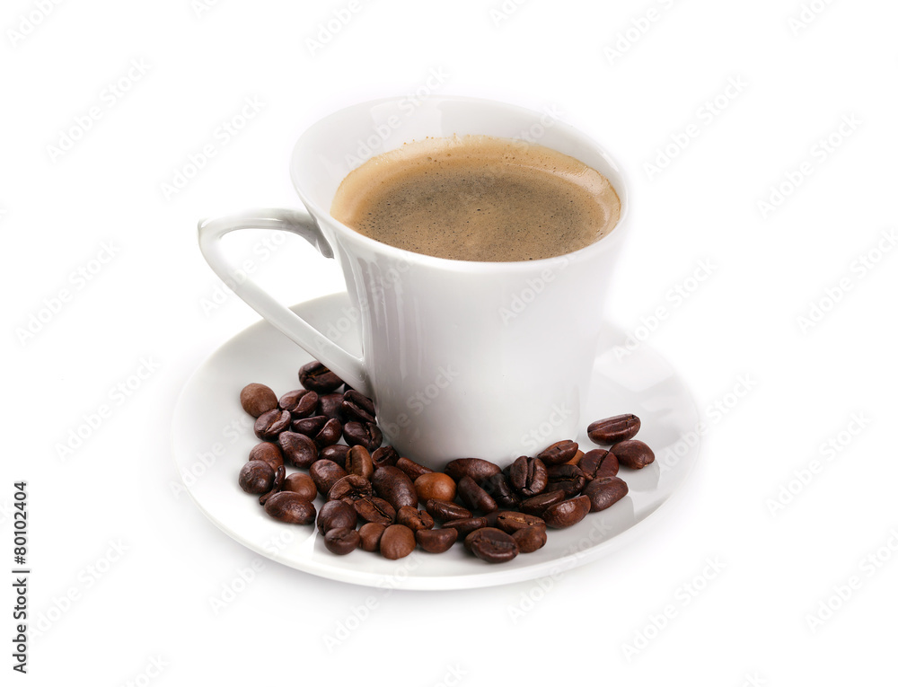 Cup with coffee and coffee beans Cup with coffee and coffee beans