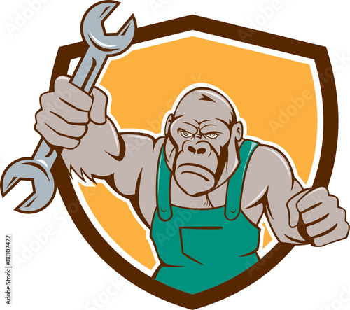 Angry Gorilla Mechanic Spanner Shield Cartoon