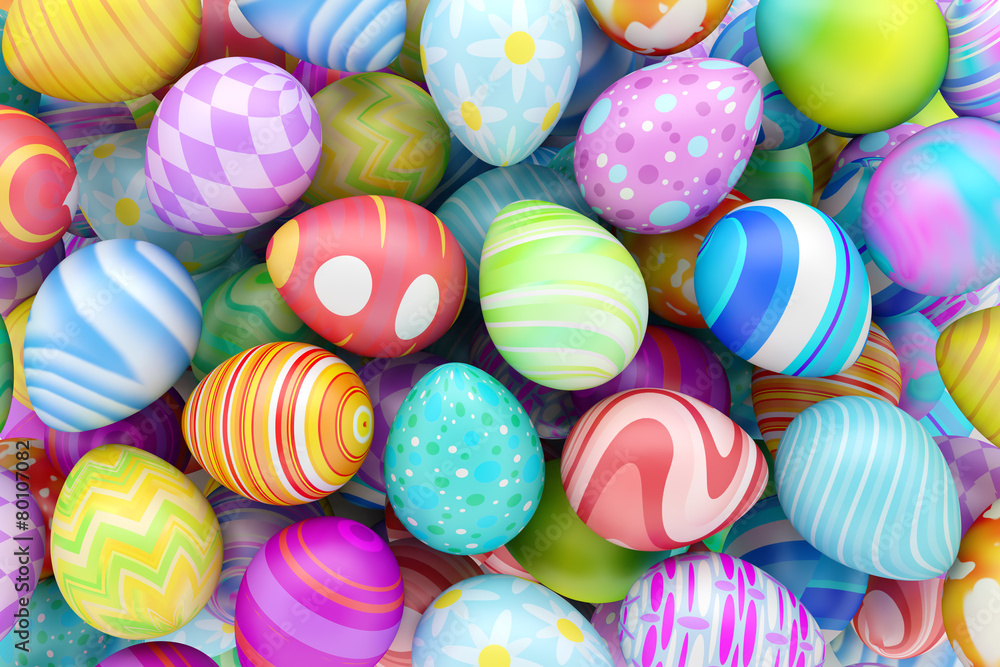 Pile of colorful Easter eggs - obrazy, fototapety, plakaty 