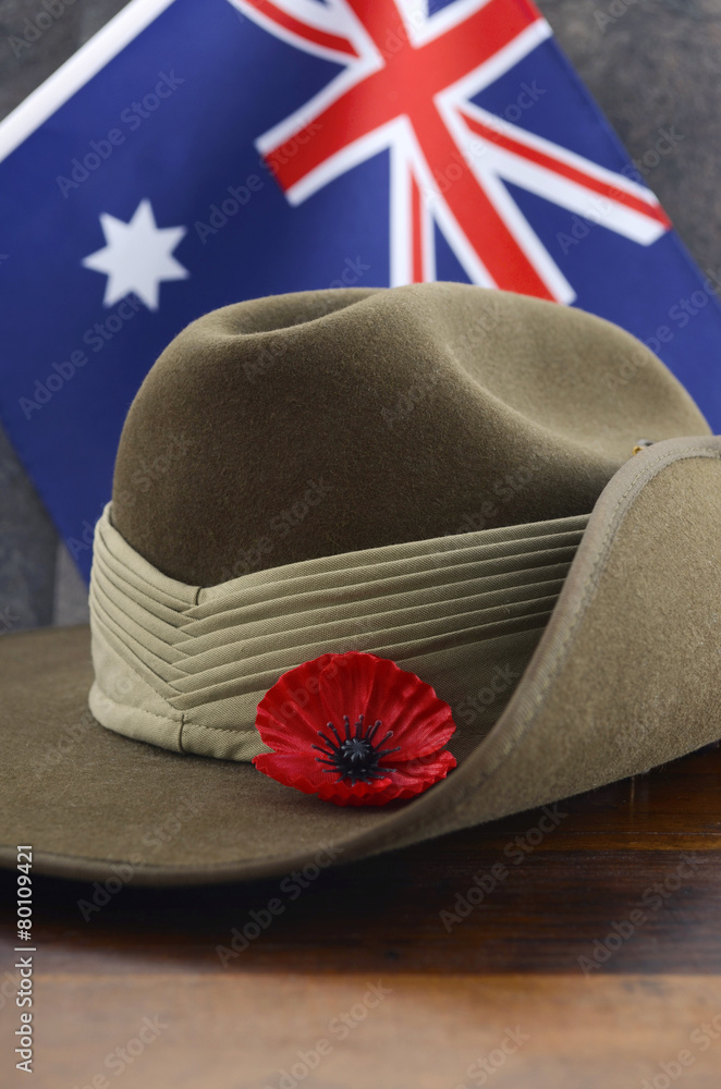 Australian Anzac Day Army Slouch Hat With Red Poppy Stock