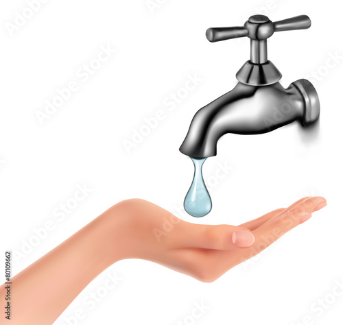 Water tap with drop and hand. Vector illustration.