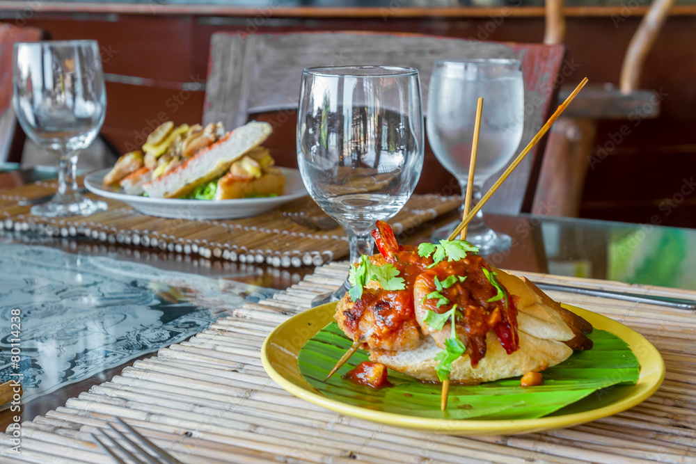 bread with prawns and vegetables plated, seafood bread with prawns and vegetables plated, seafood