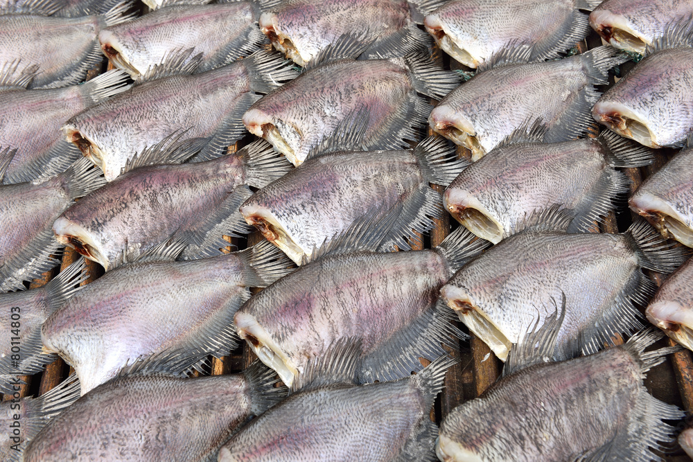 Sun dried fish before cooking sell in the market in thailand
