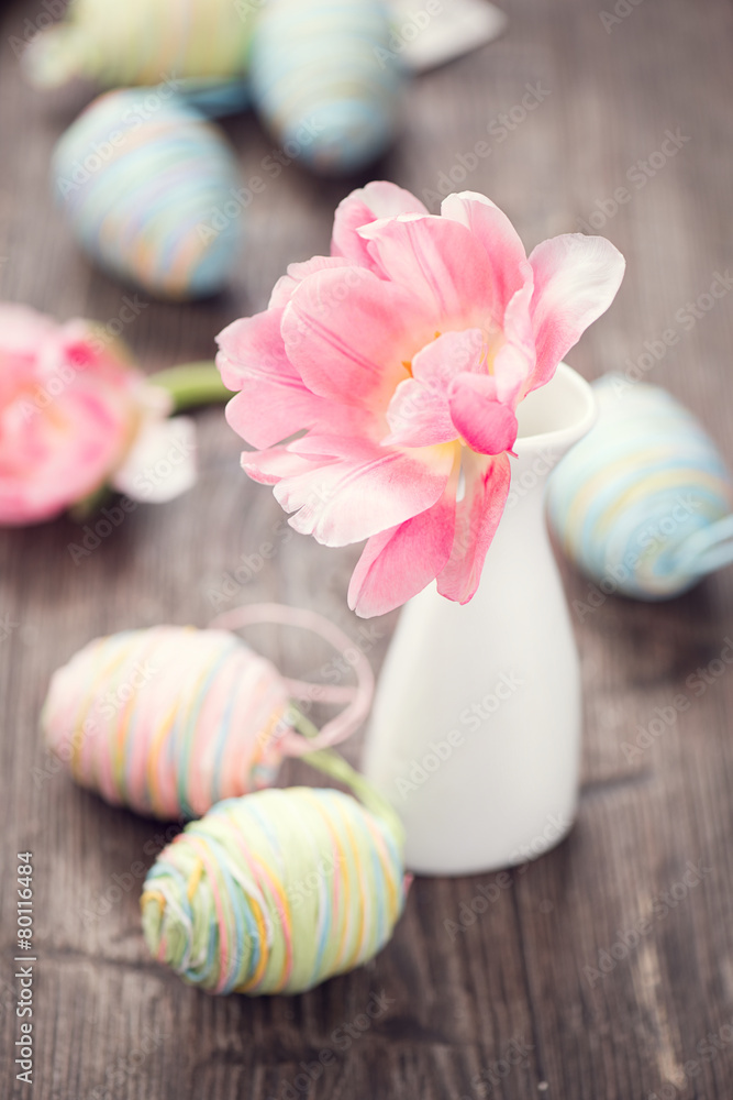 Easter photo decorated with colourful eggs and tulip